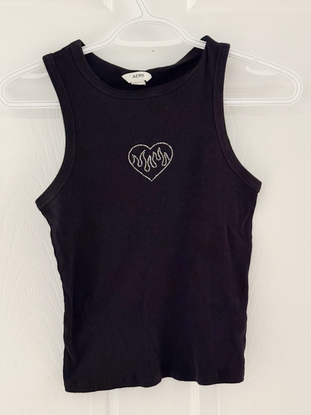 Aero Black Ribbed Tank Top with Flame Heart Embellishment